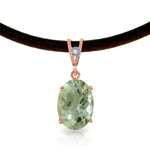 Buried stone necklace-14K Solid Rose Gold & Leather Diamond/Green Amethyst Oval Cut Necklace