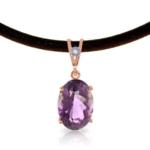 Piled birthstone necklace-14K Solid Rose Gold & Leather Diamond/Purple Amethyst Oval Cut Necklace