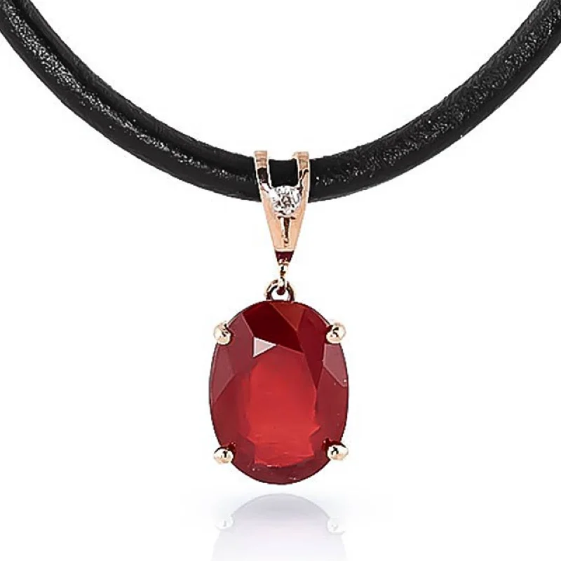 Ethnic scored necklace-14K Solid Rose Gold & Leather Diamond/Ruby Oval Cut Necklace