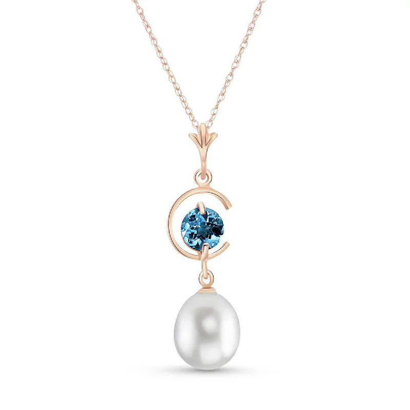 Tiered chain necklace-14K Solid Rose Gold Natural Pearl & Blue Topaz Necklace Jewelry