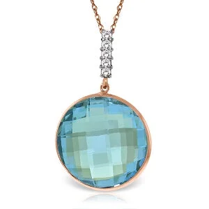 Satin gold necklace-14K Solid Rose Gold Necklace w/ Diamonds & Checkerboard Cut Blue Topaz