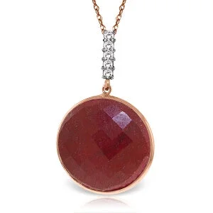 Leaf-bud necklace-14K Solid Rose Gold Necklace w/ Diamonds & Checkerboard Cut Dyed Round Ruby