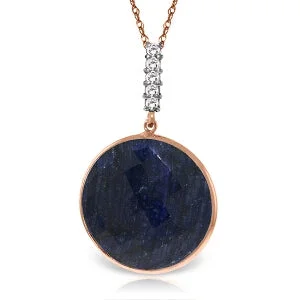 Hovering gem necklace-14K Solid Rose Gold Necklace w/ Diamonds & Checkerboard Cut Dyed Round Sapphire