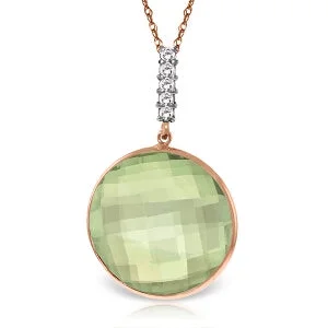 Fine-cut necklace-14K Solid Rose Gold Necklace w/ Diamonds & Checkerboard Cut Green Amethyst