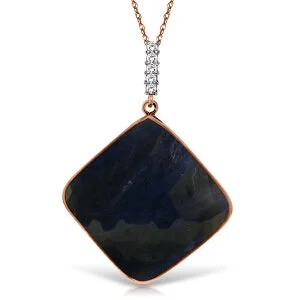 Pleated edge necklace-14K Solid Rose Gold Necklace w/ Diamonds & Square Shape Checkerboard Cut Sapphire