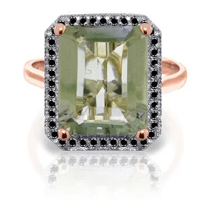 Smooth gem necklace-14K Solid Rose Gold Ring w/ Natural Black Diamonds & Green Amethyst