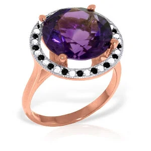 Peaked bar necklace-14K Solid Rose Gold Ring w/ Natural Black / White Diamonds & Amethyst