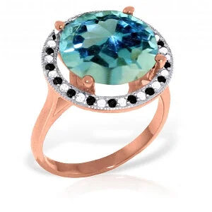 Seven-stone necklace-14K Solid Rose Gold Ring w/ Natural Black / White Diamonds & Blue Topaz