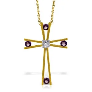 Classic emerald necklace-14K Solid Yellow Gold Cross Necklace w/ Natural Diamond & Amethysts