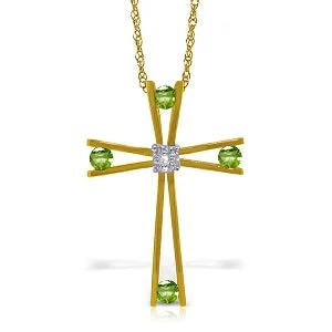 Glimmering aquamarine necklace-14K Solid Yellow Gold Cross Necklace w/ Natural Diamond & Peridots