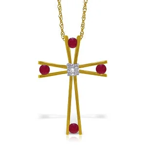 Ethnic scored necklace-14K Solid Yellow Gold Cross Necklace w/ Natural Diamond & Rubies