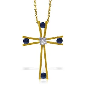 Bright gem necklace-14K Solid Yellow Gold Cross Necklace w/ Natural Diamond & Sapphires