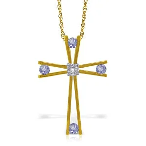 Crescent dusk necklace-14K Solid Yellow Gold Cross Necklace w/ Natural Diamond & Tanzanites