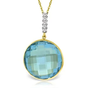 Polished zinc necklace-14K Solid Yellow Gold Necklace w/ Diamonds & Checkerboard Cut Blue Topaz