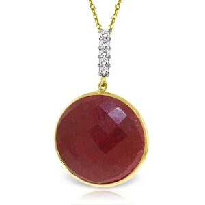 Dimpled necklace-14K Solid Yellow Gold Necklace w/ Diamonds & Checkerboard Cut Dyed Round Ruby