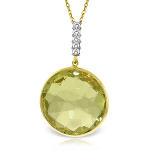 Rounded gem necklace-14K Solid Yellow Gold Necklace w/ Diamonds & Checkerboard Cut Lemon Quartz