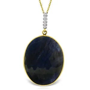 Droplet gem necklace-14K Solid Yellow Gold Necklace w/ Diamonds & Oval Shape Checkerboard Cut Sapphire