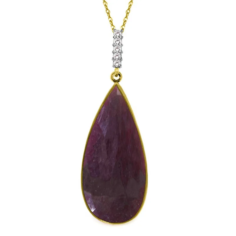 Fine-cut necklace-14K Solid Yellow Gold Necklace w/ Diamonds & Pear Shape Checkerboard Cut Dyed Ruby