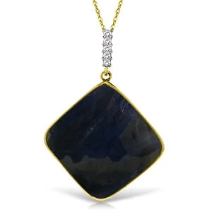 Glowing ruby necklace-14K Solid Yellow Gold Necklace w/ Diamonds & Square Shape Checkerboard Cut Sapphire