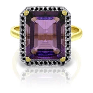 Sparkling drop necklace-14K Solid Yellow Gold Ring w/ Natural Black Diamonds & Amethyst