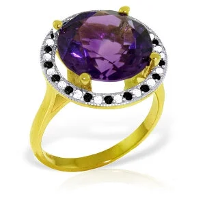 Narrow-tier necklace-14K Solid Yellow Gold Ring w/ Natural Black / White Diamonds & Amethyst