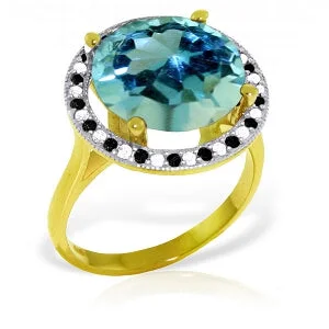 Open-crescent necklace-14K Solid Yellow Gold Ring w/ Natural Black / White Diamonds & Blue Topaz