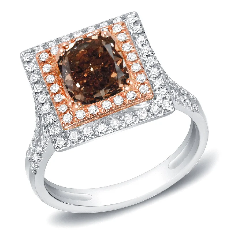 Offset gem ring-14k Two-Tone Rose Gold 1 3/4ct TDW Cushion-Cut Brown Diamond Halo Engagement Ring by Auriya