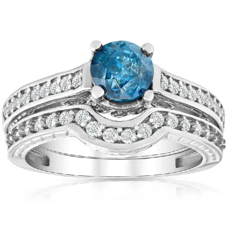 Natural sapphire ring-14k White Gold 1.5ct TDW Blue/ White Vintage-style Diamond Bridal Set