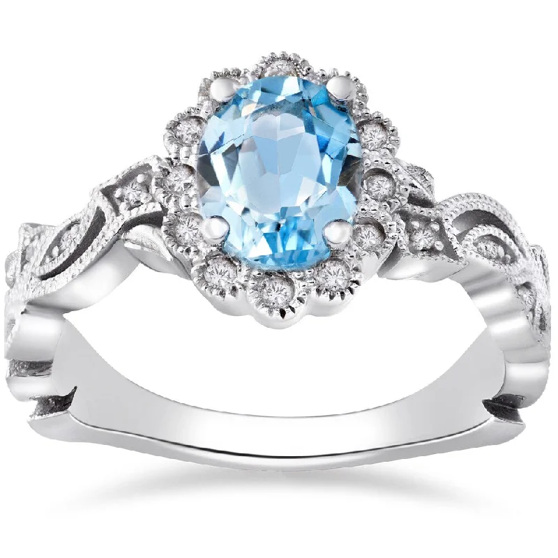 Elevated gem ring-14k White Gold 1 ct Oval Blue Topaz & Diamond Vintage Halo Vine Petal Ring (I-J,I2-I3)