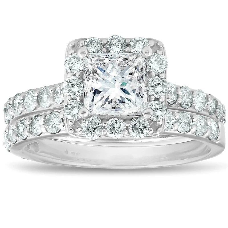 Glimmering silver ring-14k White Gold 2 1/2ct TDW Clarity Enhanced Diamond Princess-cut Halo Bridal Set