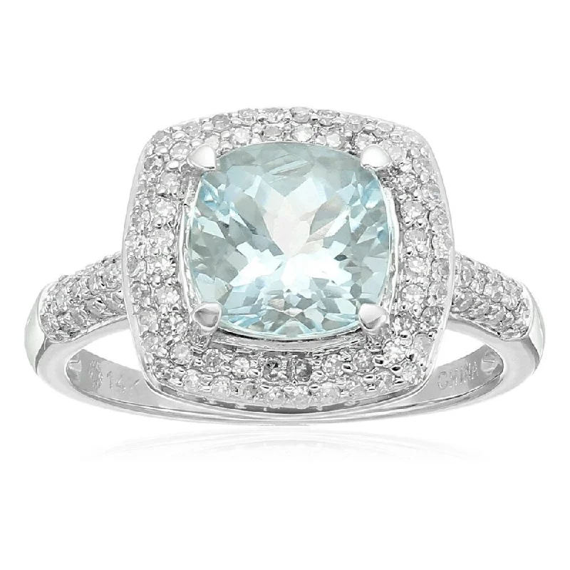 Embossed pattern ring-14k White Gold Aquamarine Cushion and Diamond Halo Ring, Size 7