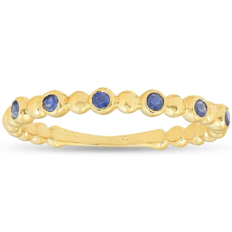 Matte titanium ring-14k Yellow Gold Blue Sapphire Ring 1/8ct Womens Stackable Beaded Band