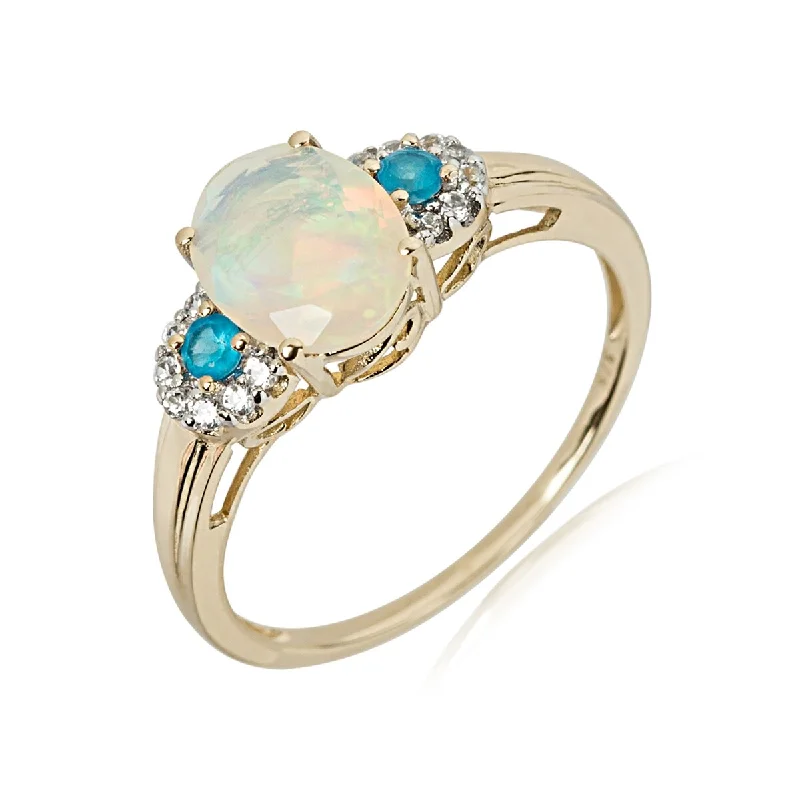 Mottled gem ring-14Kt Yellow Gold Ethiopian Opal, Pink Tourmaline, Diamond Ring