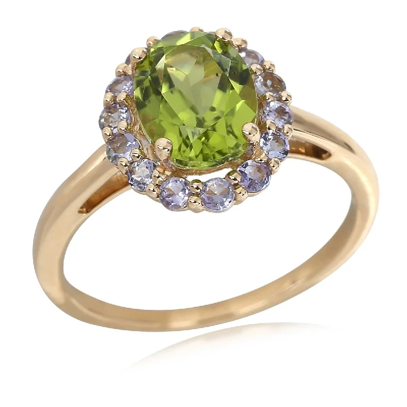 Slack twist ring-14Kt Yellow Gold Peridot and Tanzanite Gemstone Halo Ring