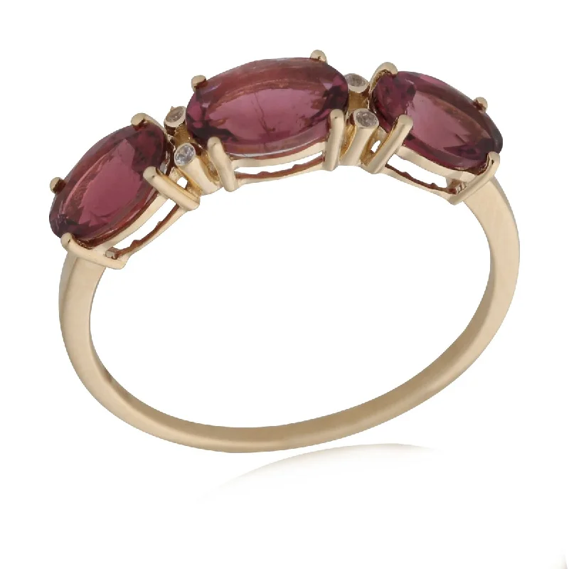 Crafted gold ring-14Kt Yellow Gold Pink Tourmaline and White Natural Zircon 3-Stone Ring