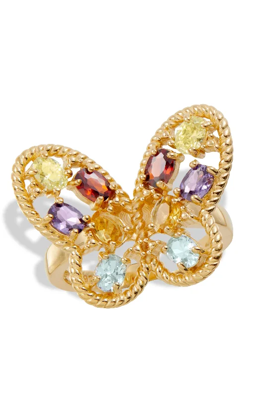 Smooth gem ring-18K GOLD VERMEIL MULTI COLOR CZ BUTTERFLY RING