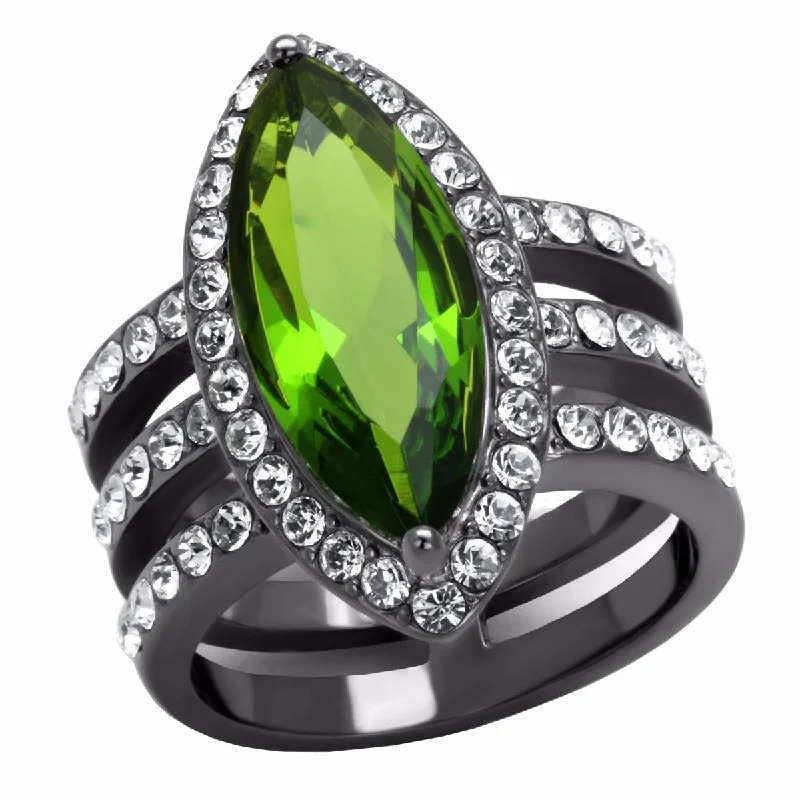 Vine-swirl ring-19x8mm Marquise Green CZ Three Side Rows IP Light Black Stainless Steel Ring