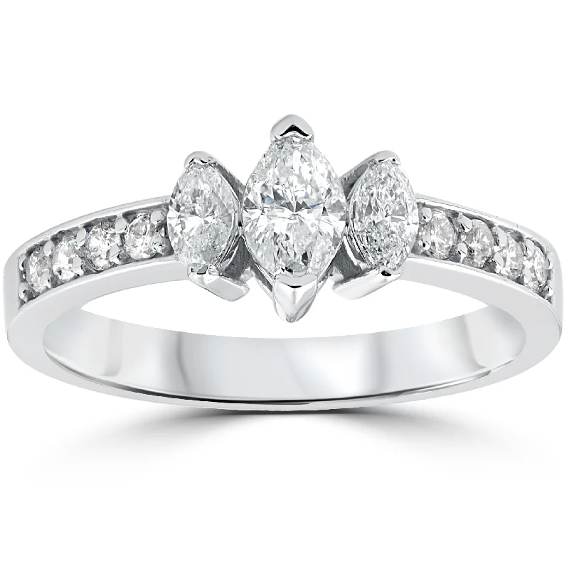 Clasped stone ring-1ct 3-Stone Marquise Diamond Engagement Ring 14K White Gold