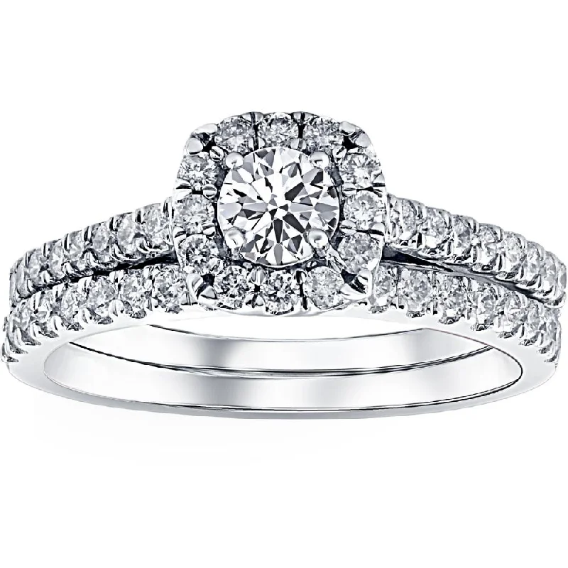 Glossy iridium ring-1ct Cushion Halo Diamond Engagement Wedding Ring Set 14K White Gold