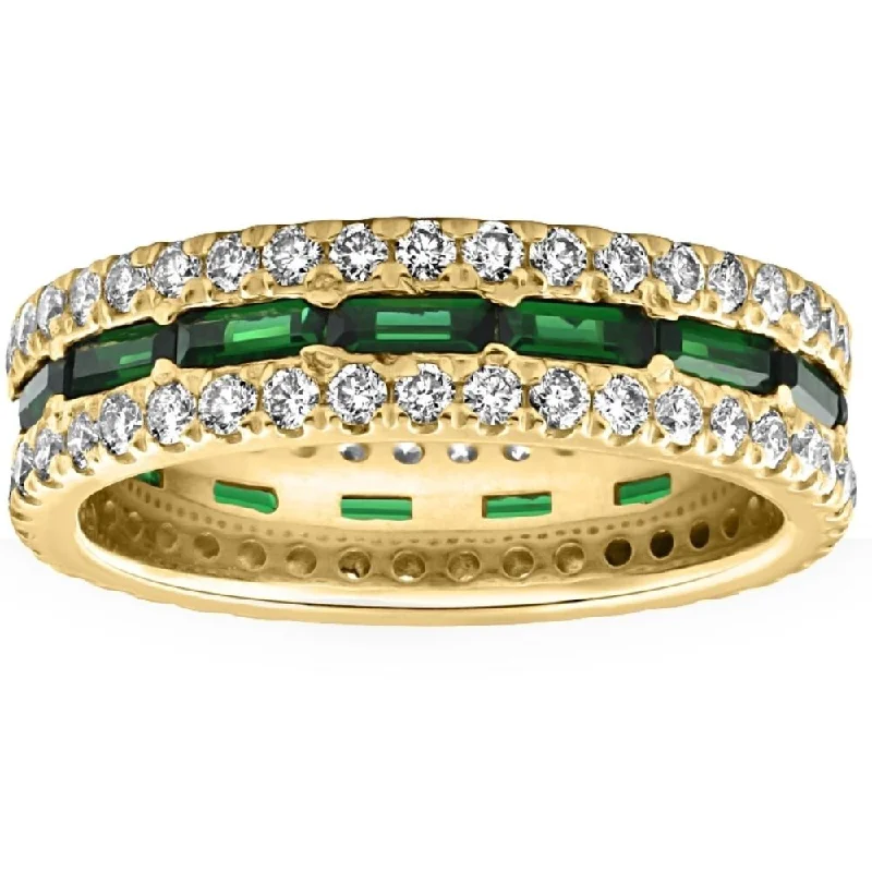 Offset gem ring-2 1/2 Ct Diamond & Emerald Eternity Ring in Yellow Gold Lab Grown