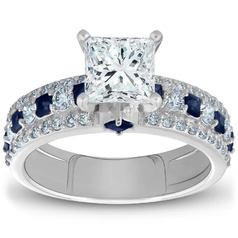 Slack twist ring-2 1/2ct Princess Cut & Blue Sapphire Diamond Engagement Ring 14k White Gold