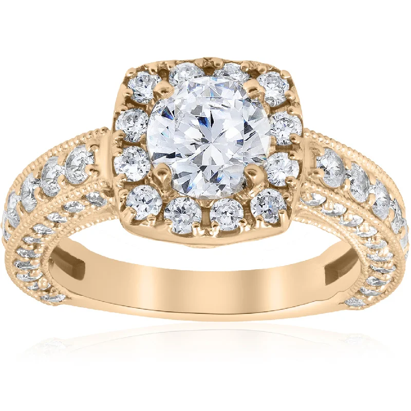 Narrow-tier ring-2 1/2ct Round Cut Diamond Engagement Ring Cushion Halo 14k Yellow Gold