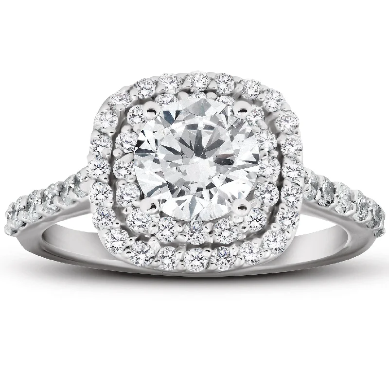 Elastic stone ring-2 1/4 Ct Diamond & Moissanite Cushion Halo Engagement Ring 14k White Gold