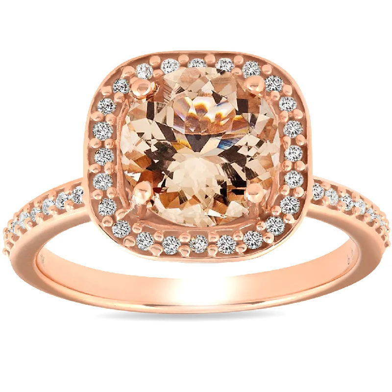 Vine-swirl ring-2 Ct Morganite & Diamond Cushion Halo Engagement Ring 14k Rose Gold