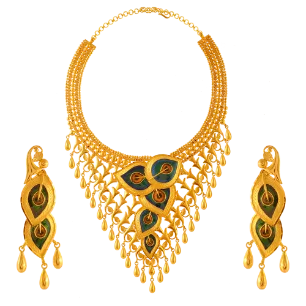 Pointed stone necklace-22k Gold Jewellery Set Embellished With Peacock Feather Design