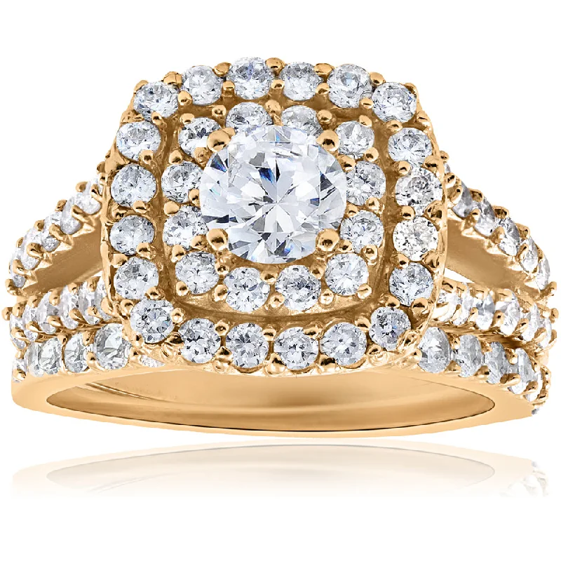 Embossed gem ring-2ct Diamond Engagement Double Cushion Halo Wedding Ring Set 10k Yellow Gold