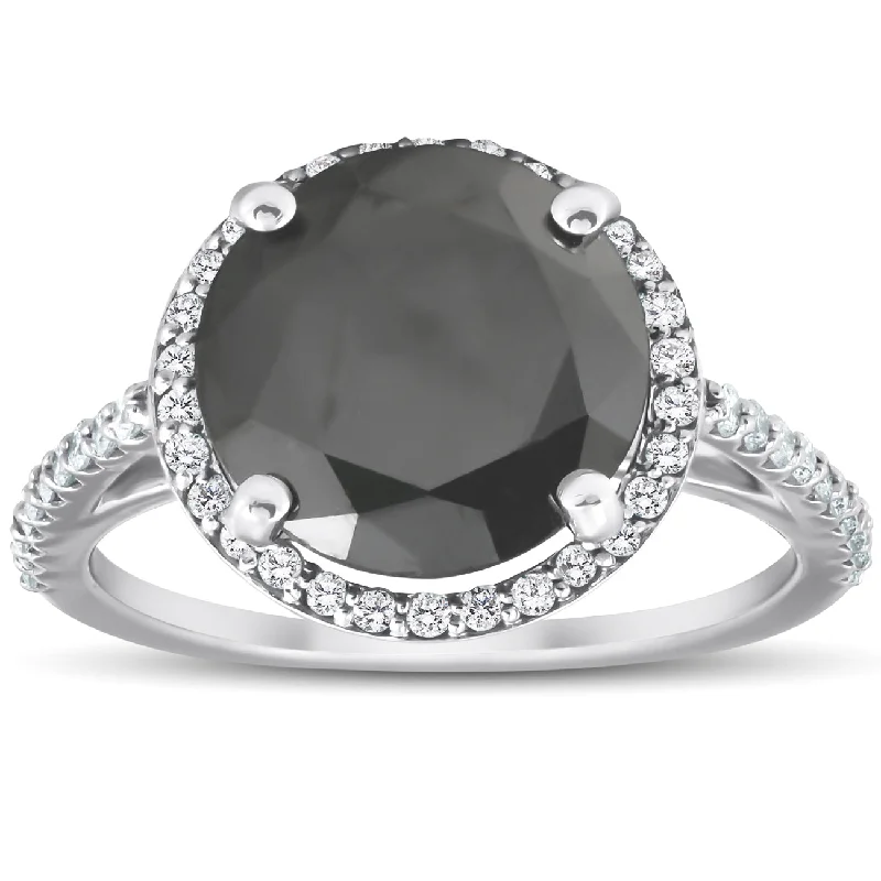 Narrow-tier ring-3 1/3 Ct Black Diamond Halo Engagement Ring 14k White Gold