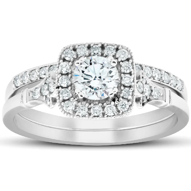 Droplet gem ring-3/4 CT Diamond Cushion Halo Engagement Ring Matching Wedding Band 14k White Gold