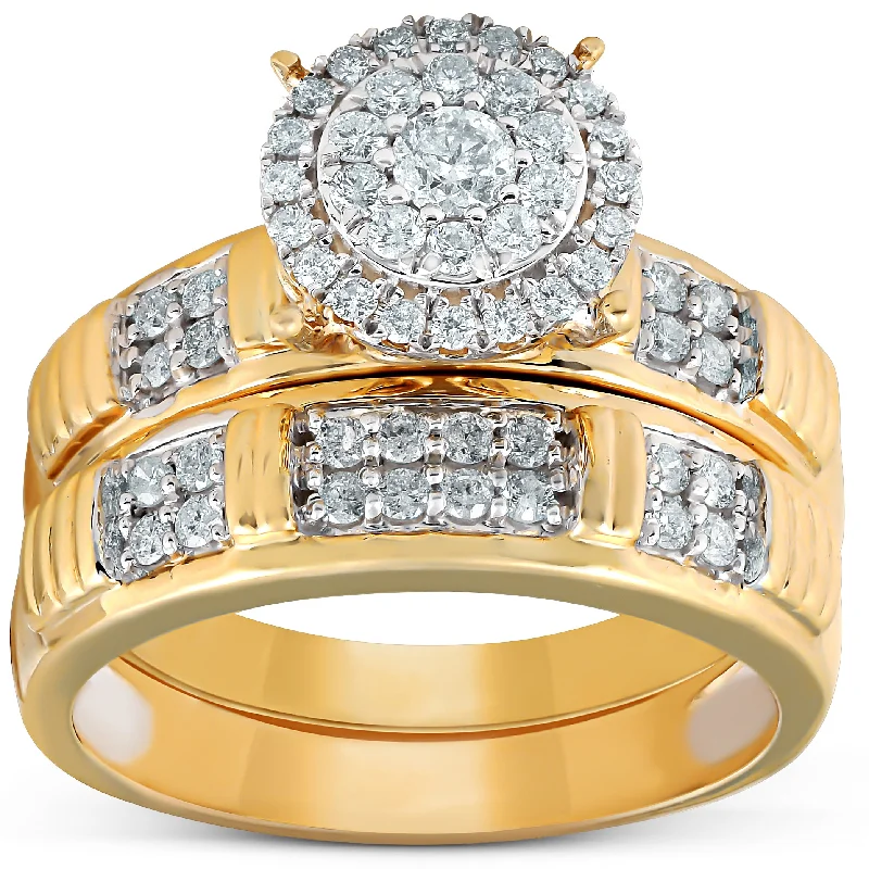 Embossed gem ring-3/4 Ct Halo Diamond Engagement Wedding Ring Set 10k Yellow Gold