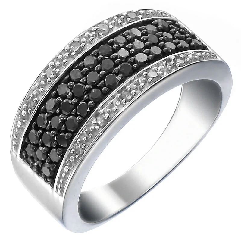 Rolling tide ring-3/4 cttw Black and White Diamond Ring Wedding Band in .925 Sterling Silver Round